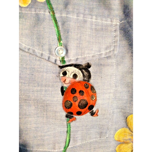 VTG 70s Artsy Hand Painted Eyelet Lace Trim Frog Turtle Ladybug Bee Flowers Top - Picture 10 of 16